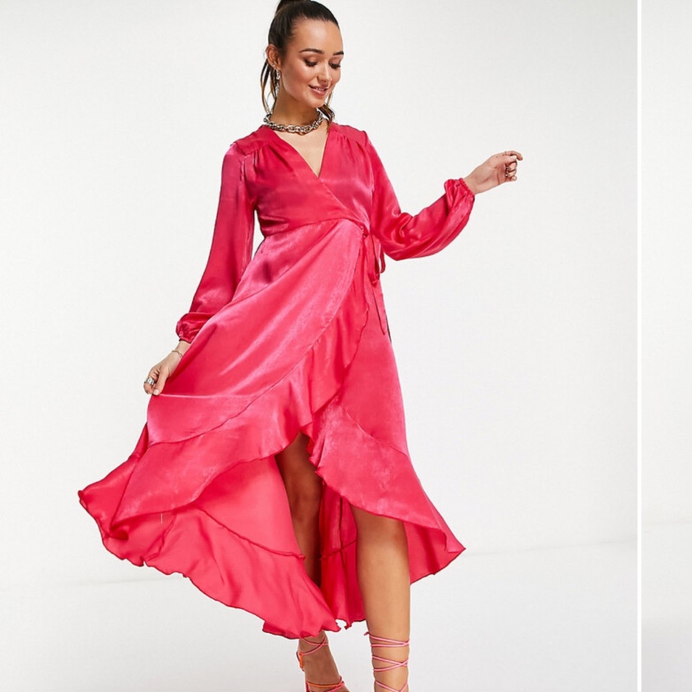 🌸 FLOUNCE LONDON Hot Pink Satin Wrap Maxi Dress 🌸 NEW!